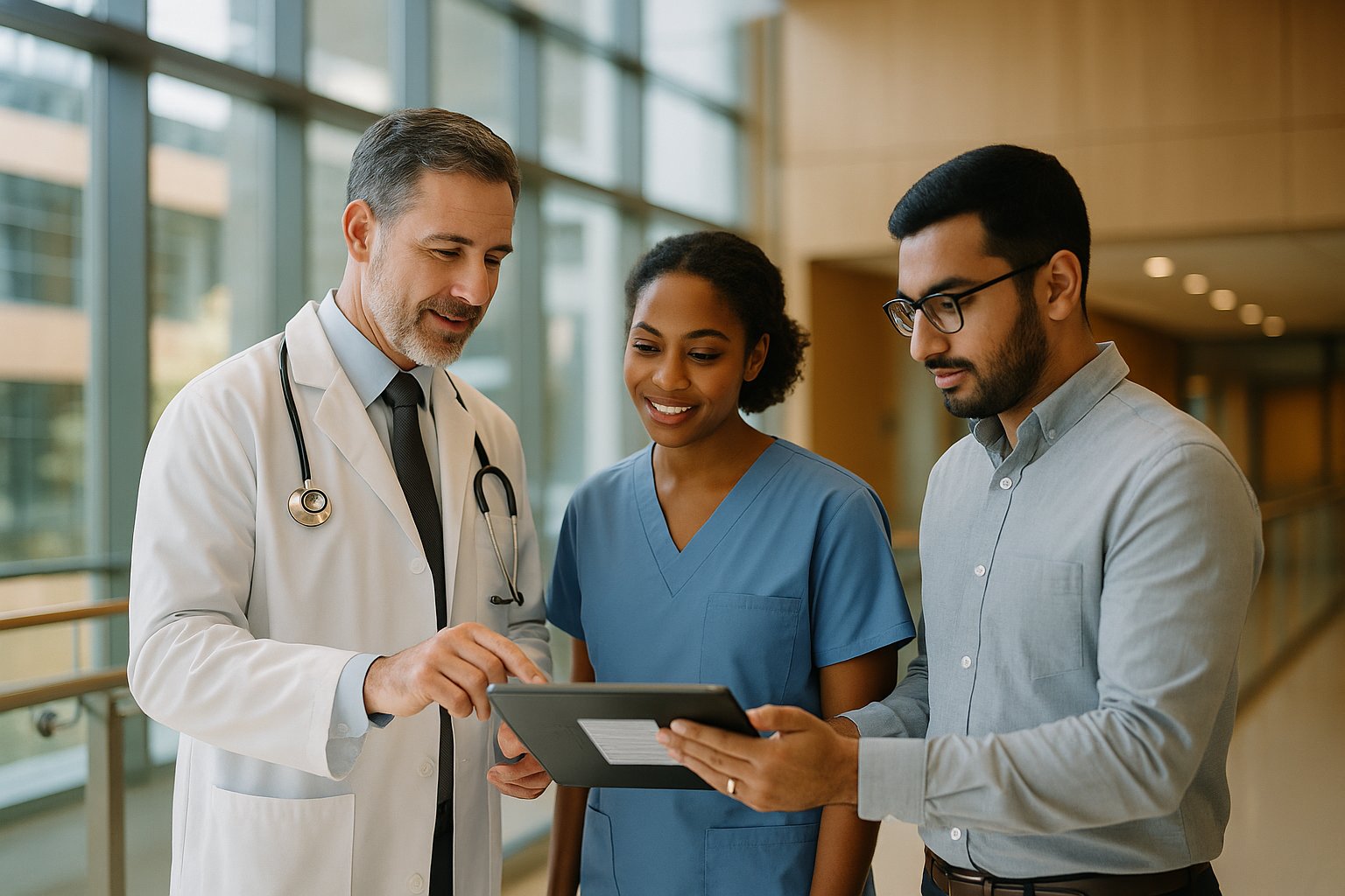 Abridge customer story — healthcare team reviewing compliance documentation